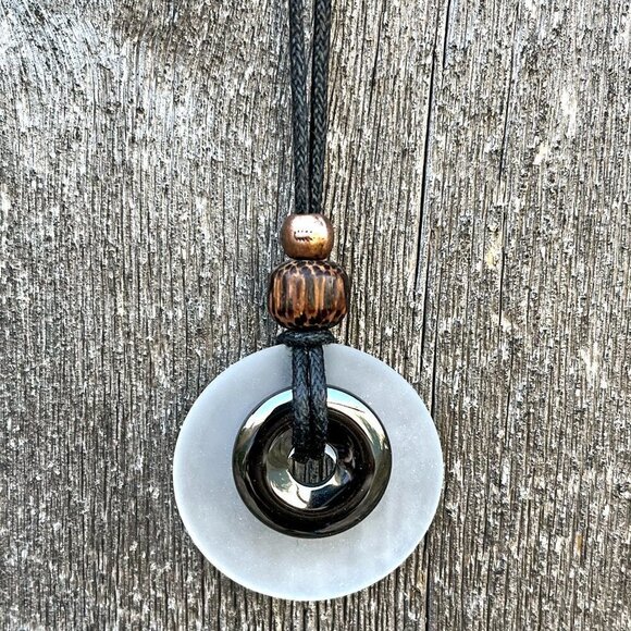 Hematite and White Sea Glass Pendant Handmade - Picture 4 of 5